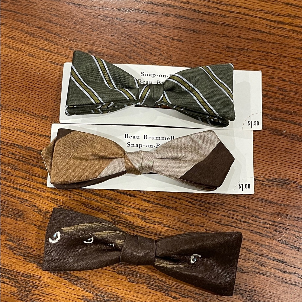 Vintage Beau Brummell Wembley Clip‎ On Bow Tie Lot 3pc Striped Brown Green Mens